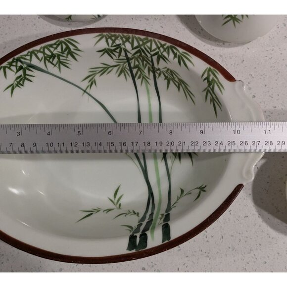 Vintage Japanese Hand-Painted Bamboo Design Oval Bowl two Handles 11 inch Length - Picture 2 of 12